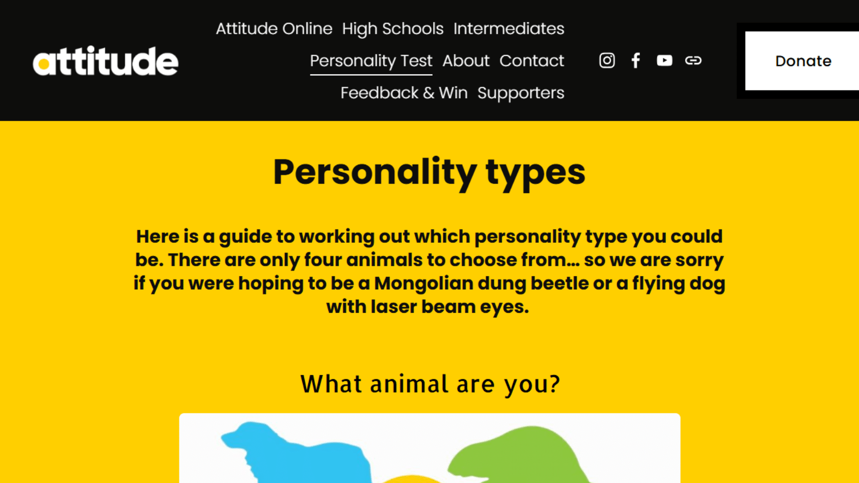 the attitude website personality types page features a yellow background asking what animal are you with colorful silhouettes
