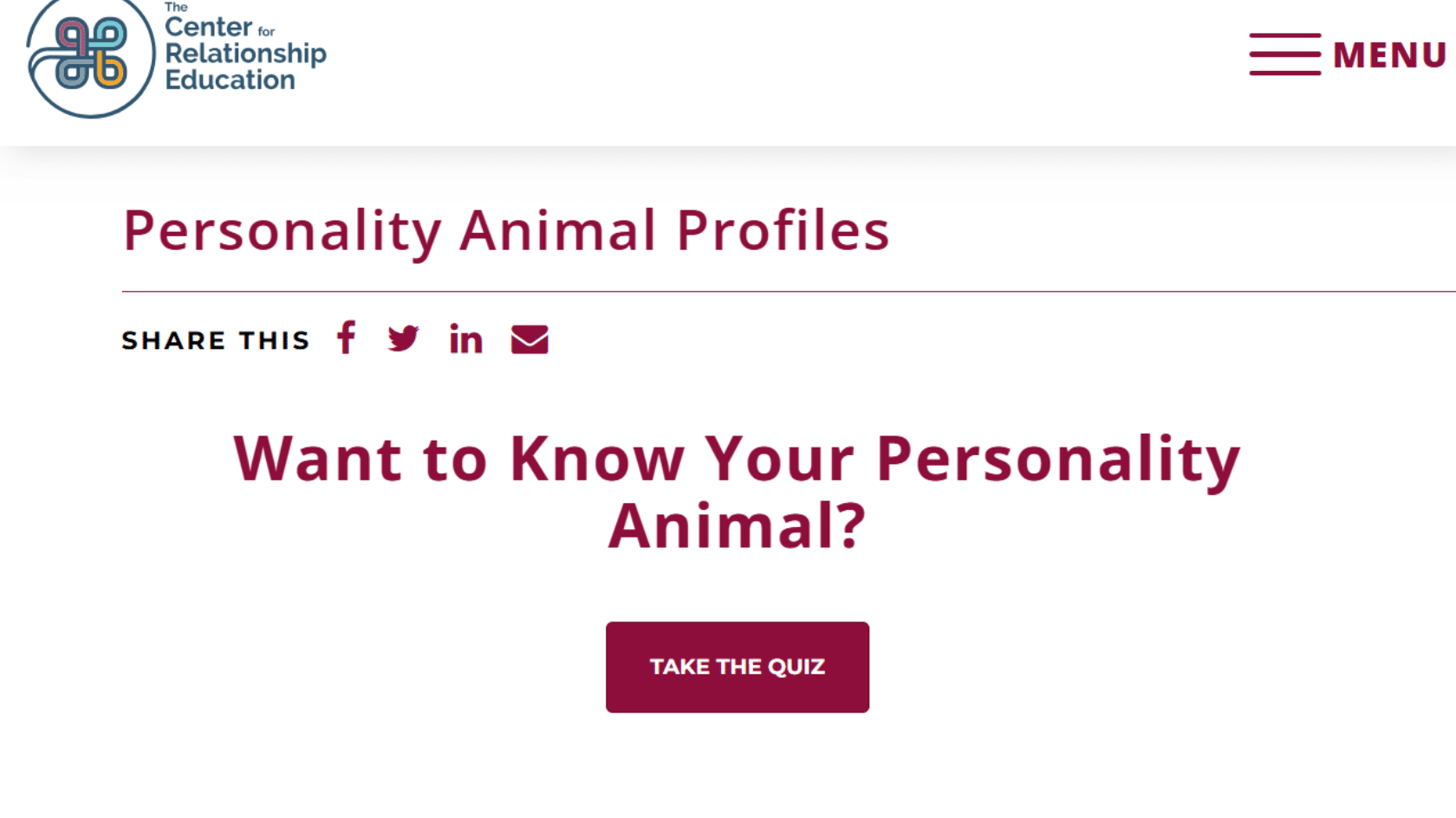 the center for relationship education personality animal profiles landing page asking want to know your personality animal