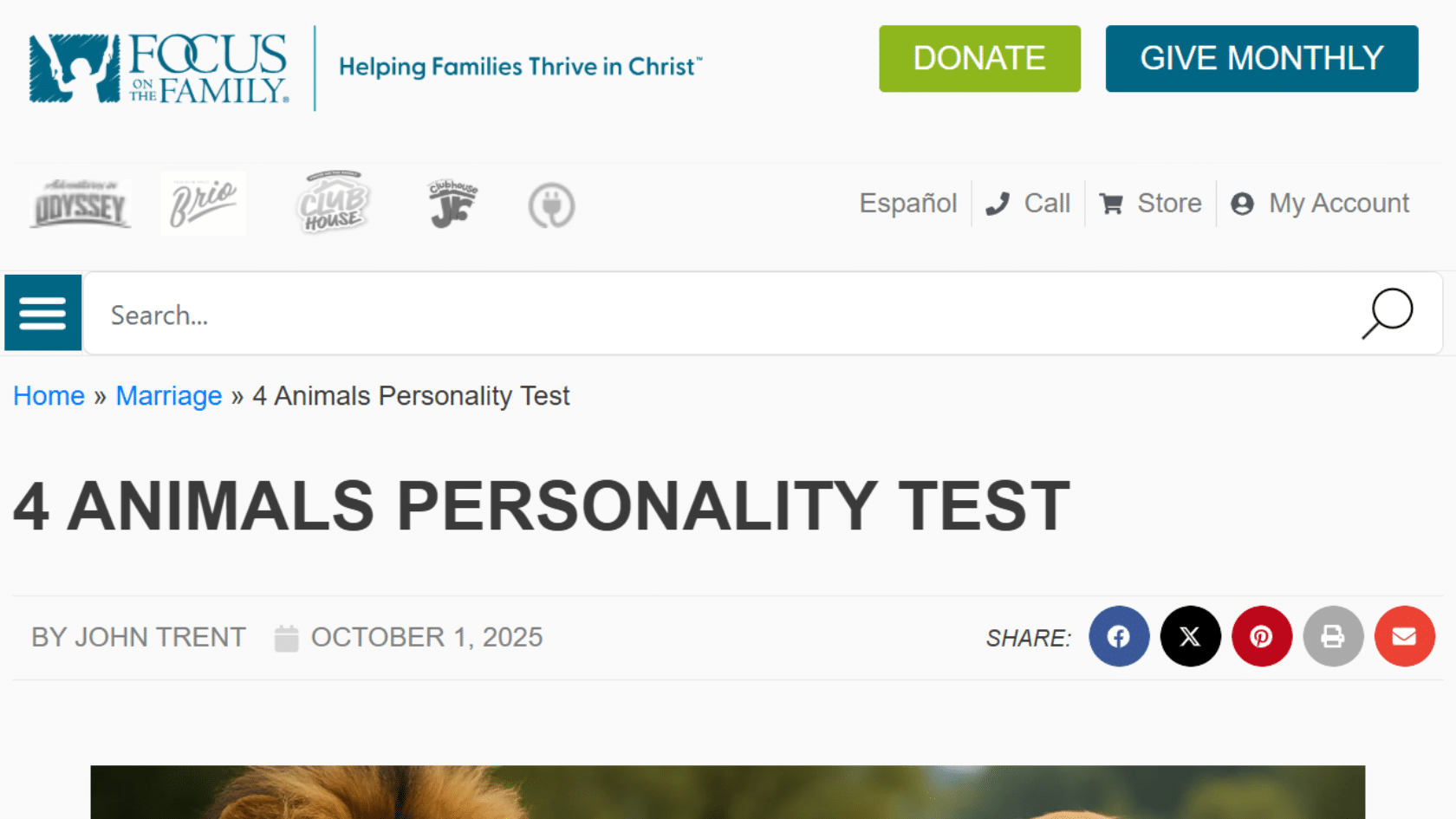 the focus on the family website article page for the 4 animals personality test by john trent featuring images of animals below