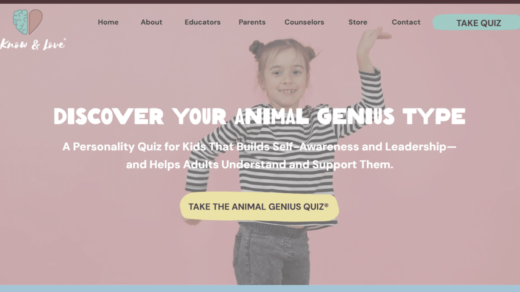 the know and love website landing page features a young girl dancing against a pink background inviting kids to take the quiz
