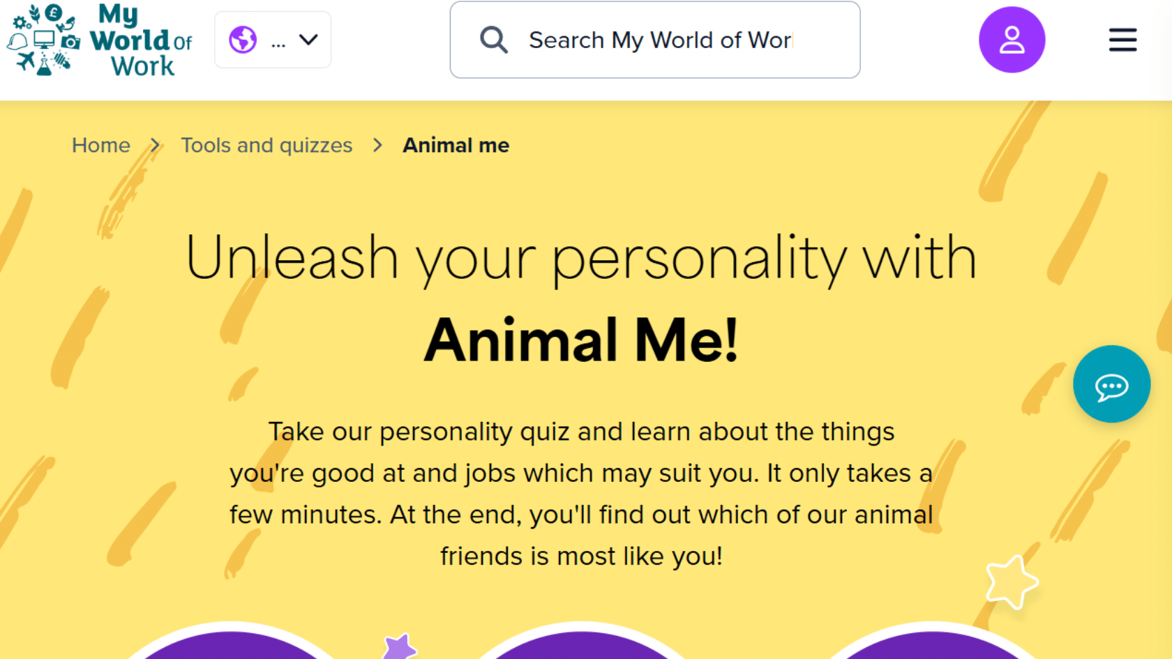 the my world of work website animal me page features a yellow background inviting users to take a personality quiz