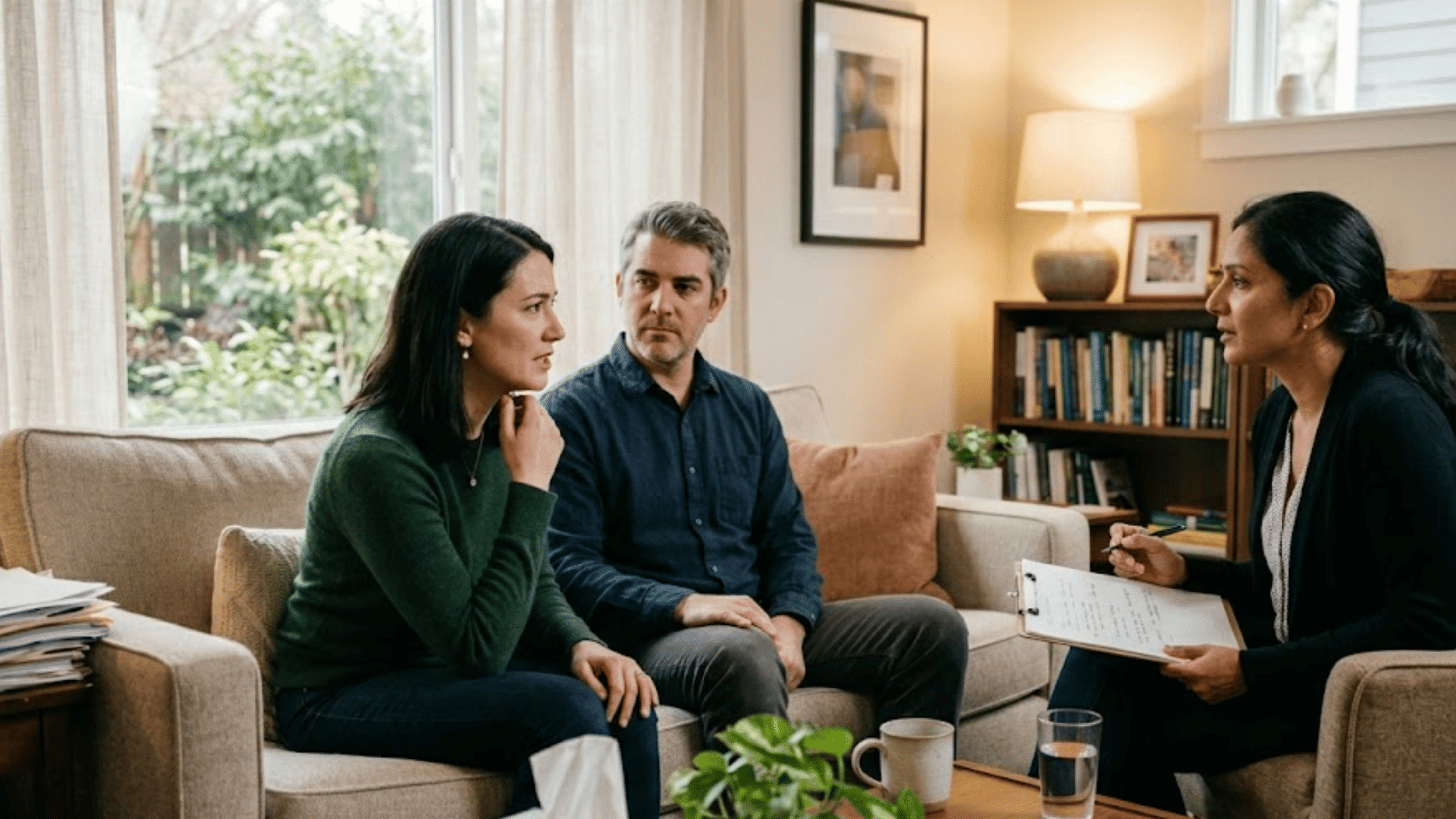 therapist holding a clipboard speaks with a couple seated on a sofa during a counseling session at home