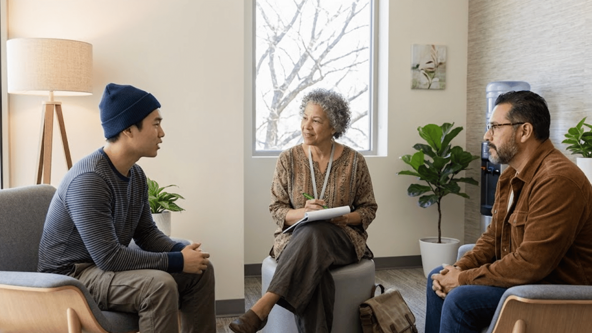 three people seated in a counseling session talking in a bright office with plants and a large window in the background