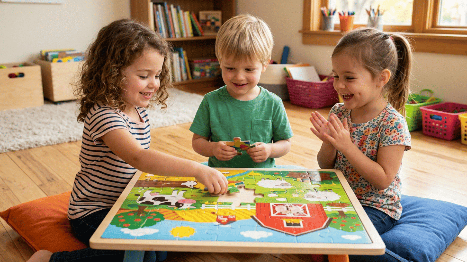 three young children sitting around a low table smiling as they work together to complete a colorful farm puzzle in a classroom