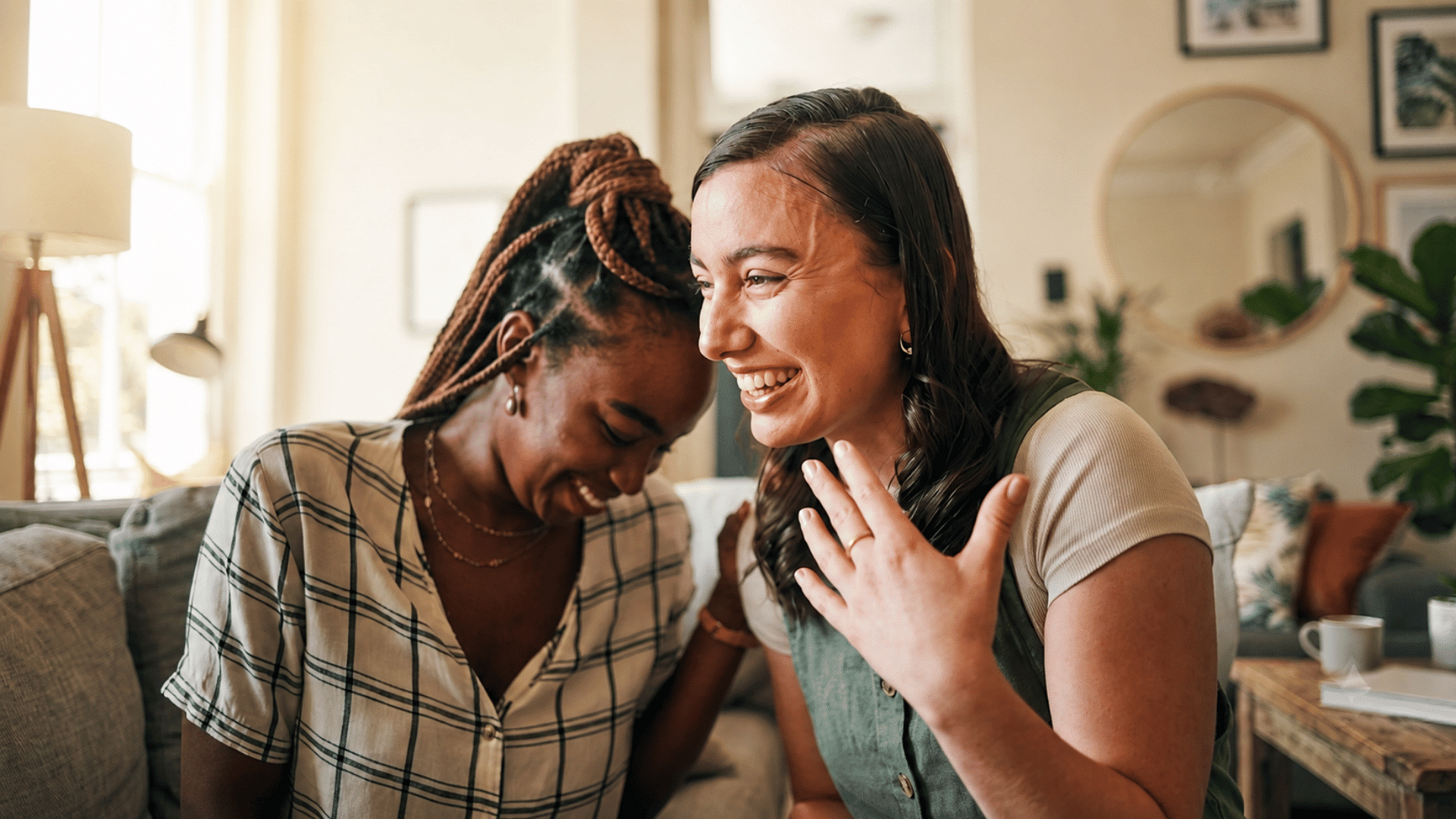 two friends laughing together on a cozy sofa in a bright living room sharing a joyful moment