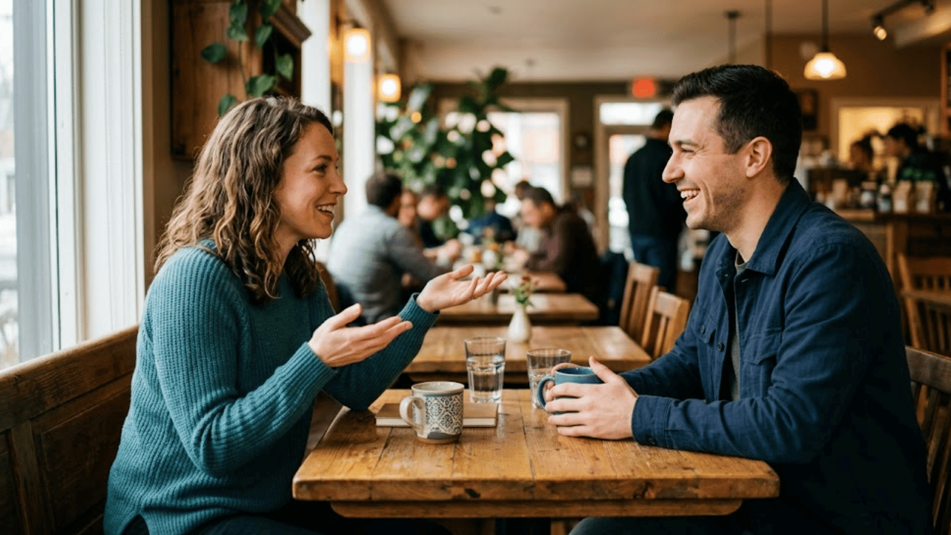 two people smiling while talking across a wooden cafe table with coffee mugs and other customers in the background