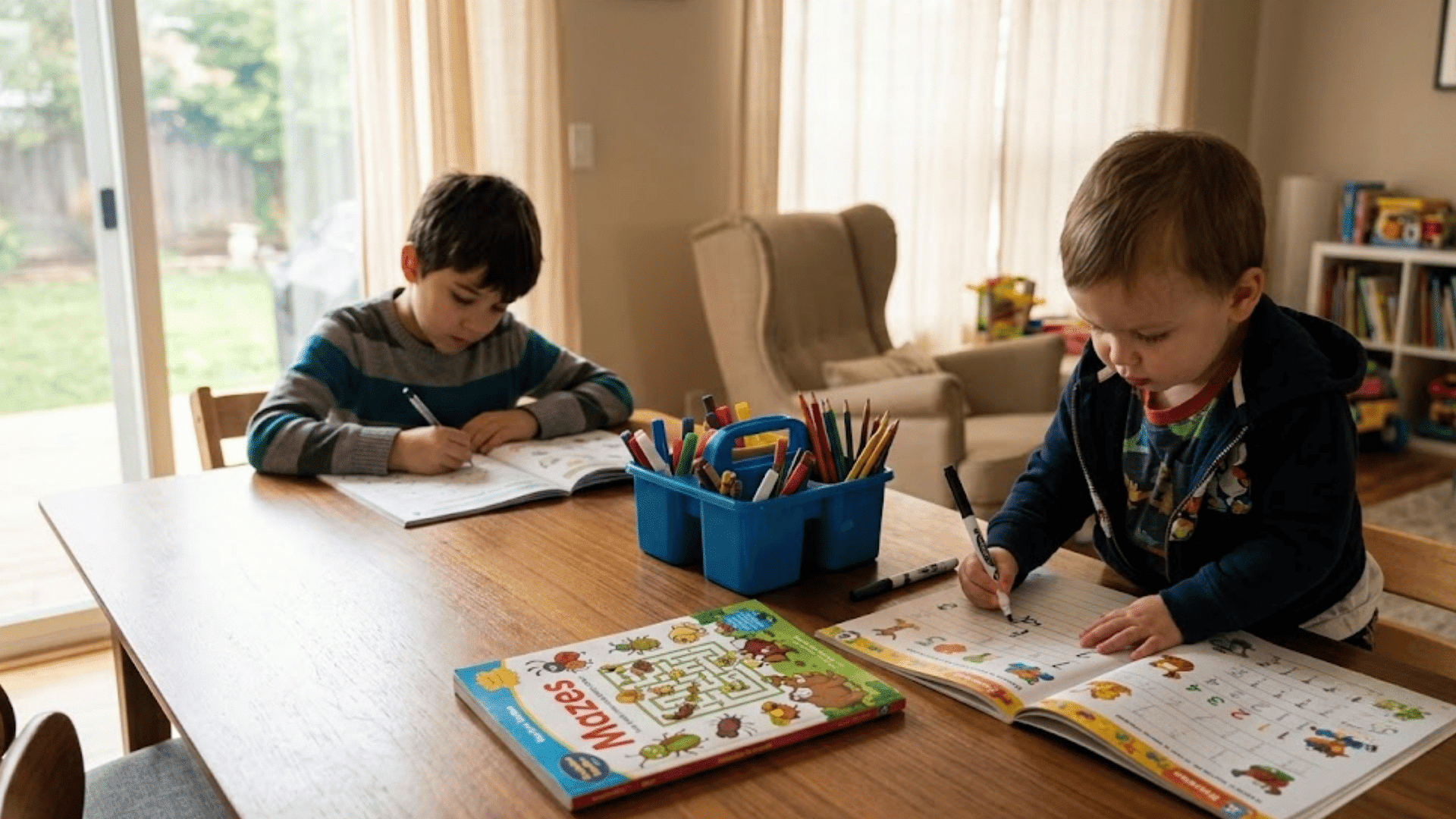 two young children sitting at a table writing in activity books with markers in a bright living room