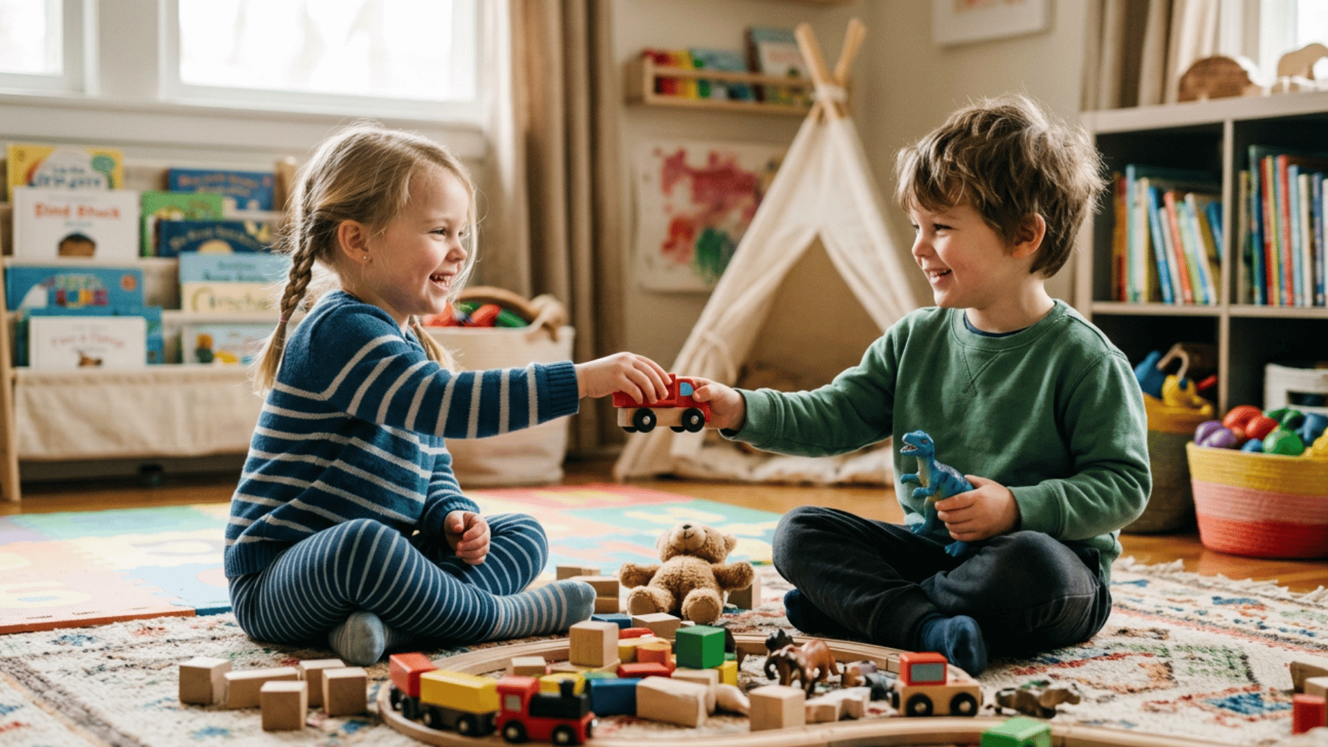 two young children sitting on a playroom rug smiling as they share a toy truck surrounded by books blocks and toys