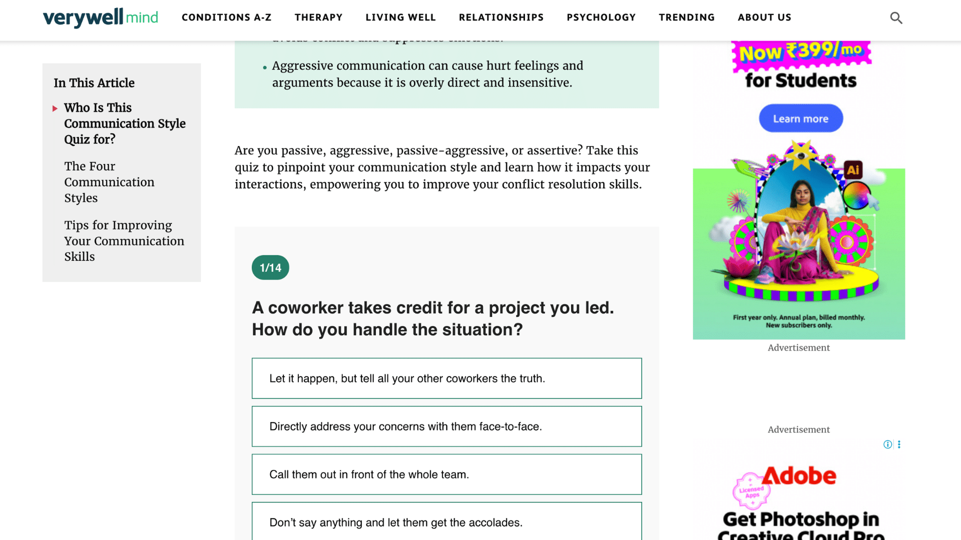 verywell mind webpage showing a communication style quiz question with multiple choice answers about workplace conflict