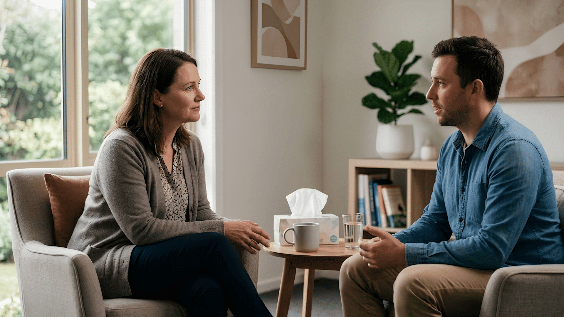 woman and man seated in armchairs having a thoughtful conversation in a bright counseling room with large window