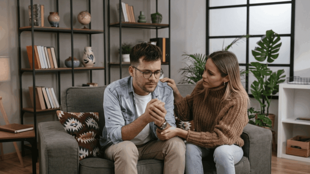 woman comforting a sad man on a couch in the room with books vase and plants