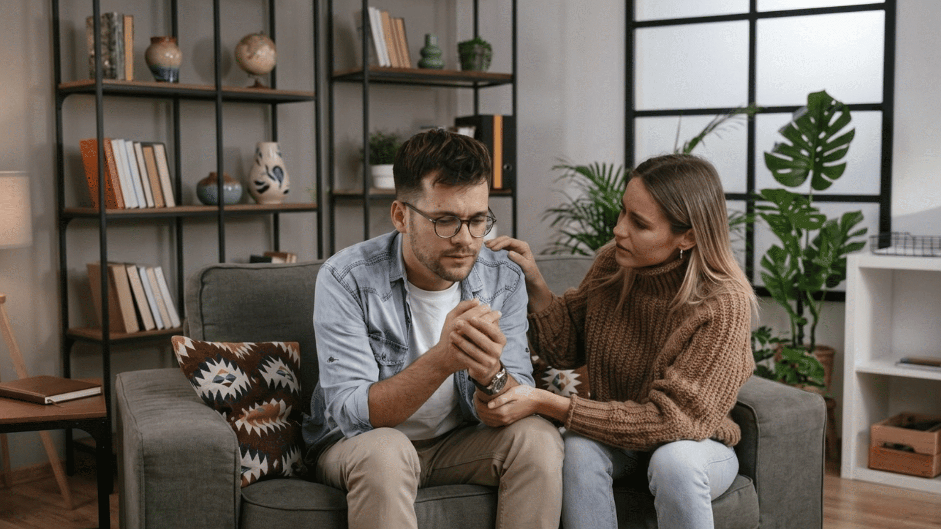 woman comforting a sad man on a couch in the room with books vase and plants