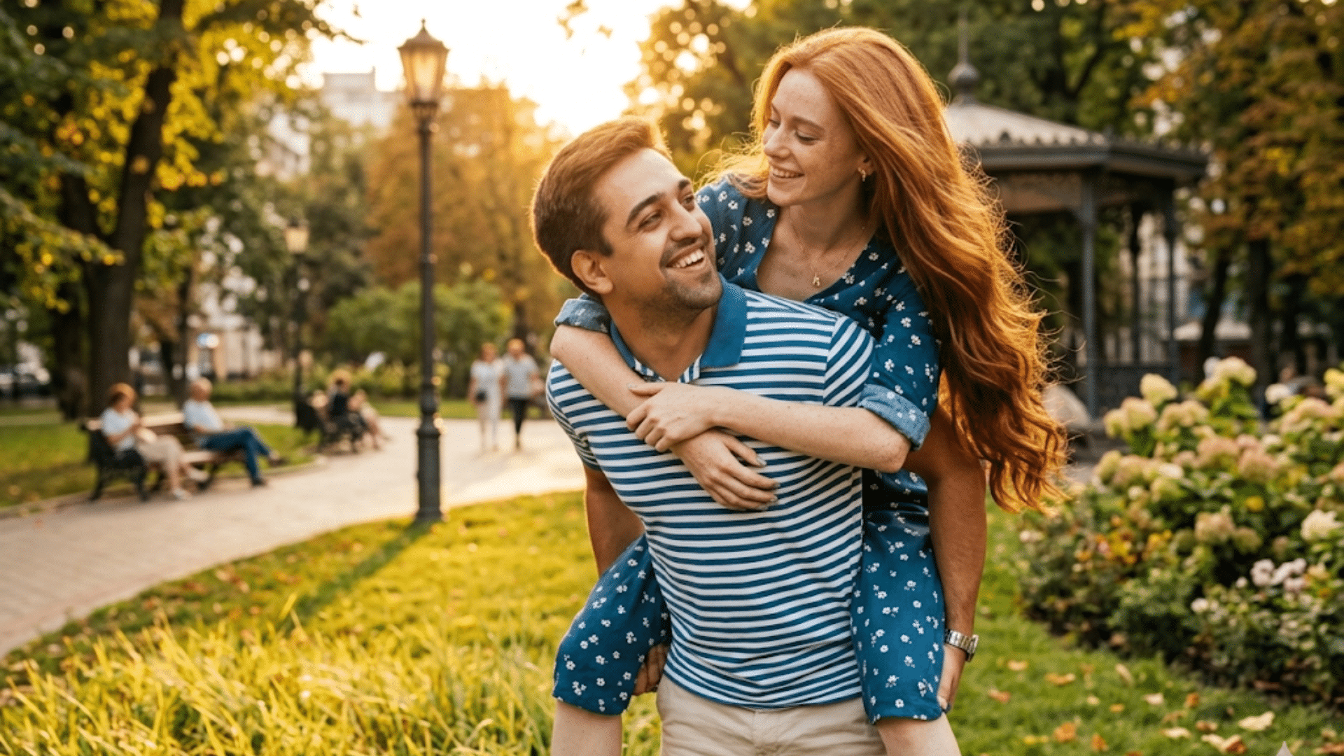 woman embraces a bald man from behind while standing outdoors showing comfort and emotional support