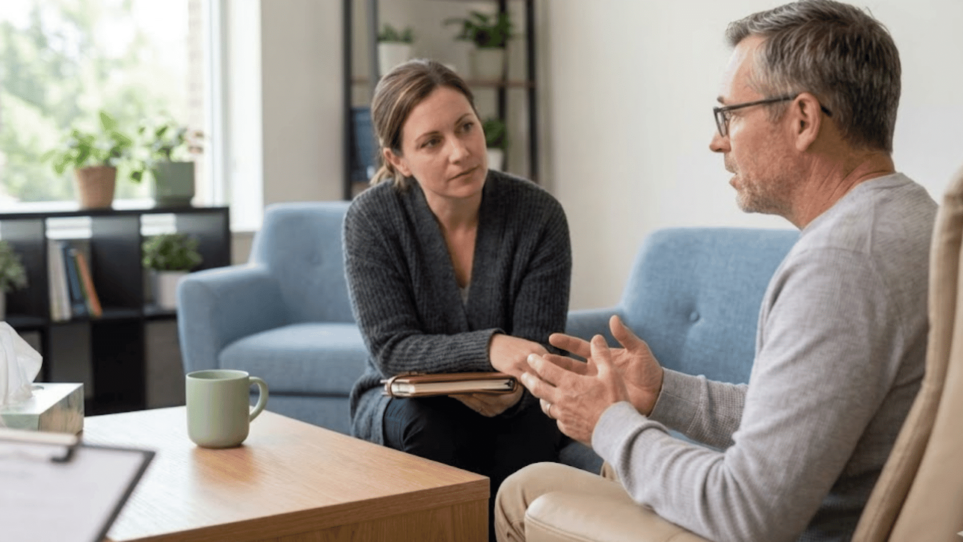 woman holding a notebook listens attentively as a man speaks during a counseling session in a bright office setting