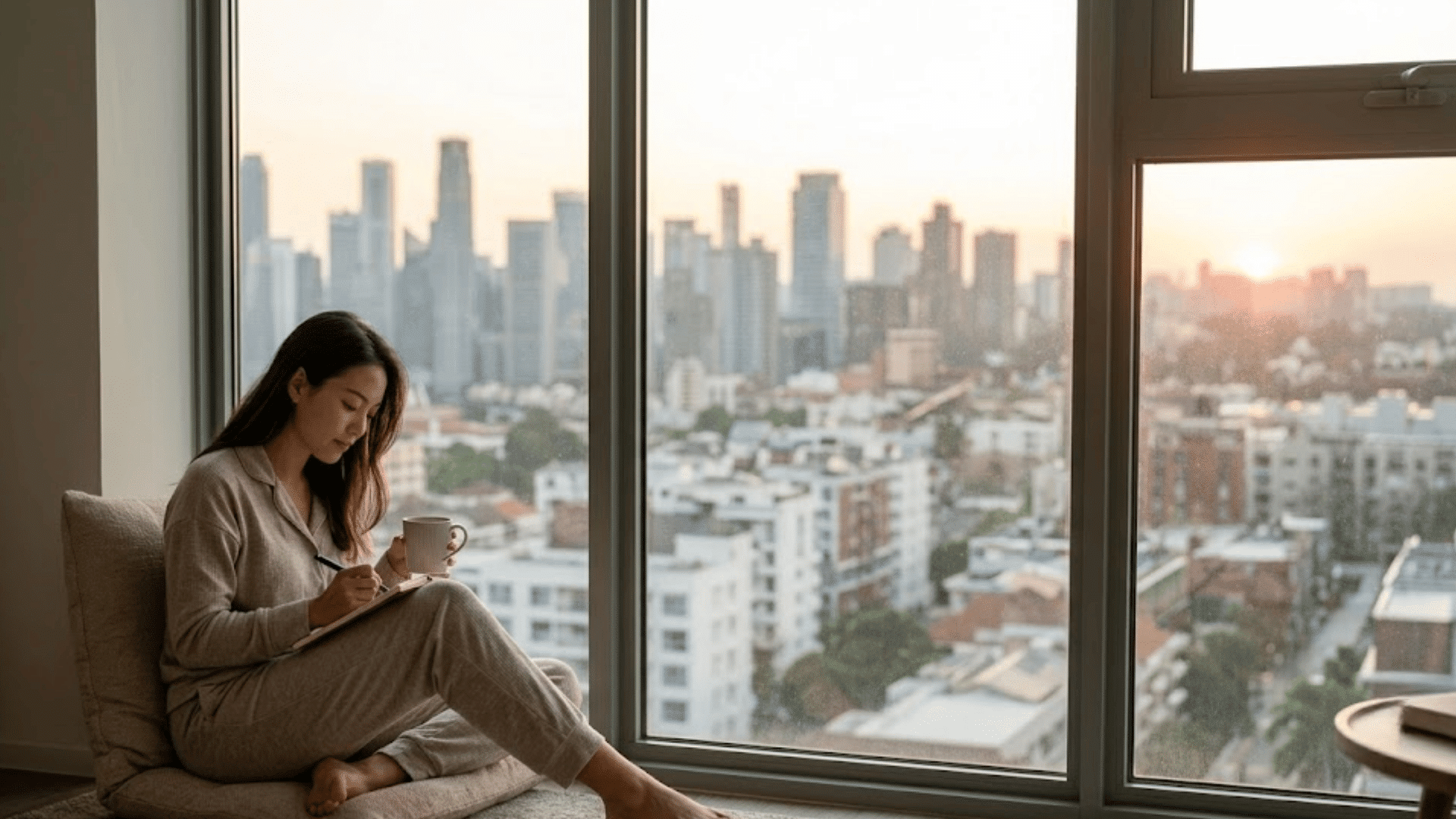 woman journaling with a cup of coffee by a large window at sunrise reflecting daily habits of successful people