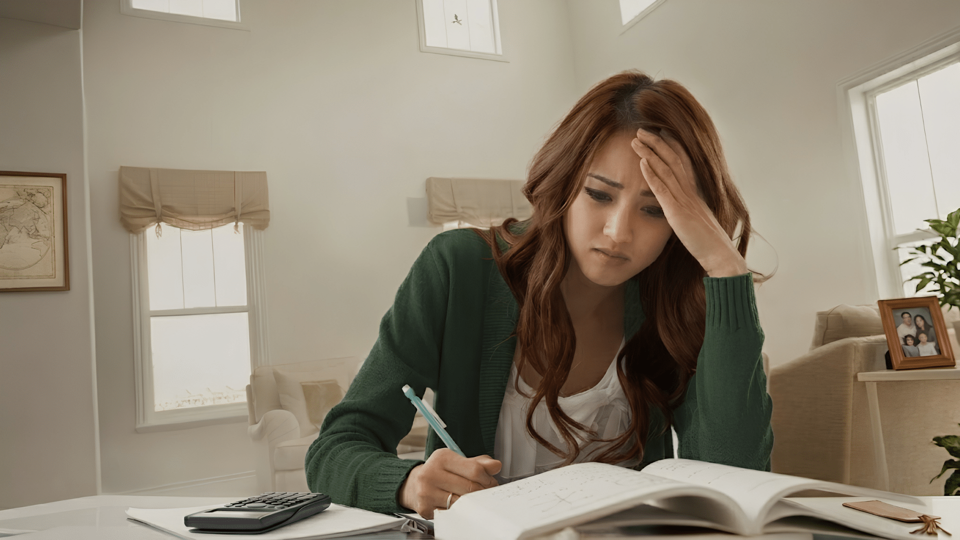 woman looking stressed while writing in an open notebook at home with a calculator beside her