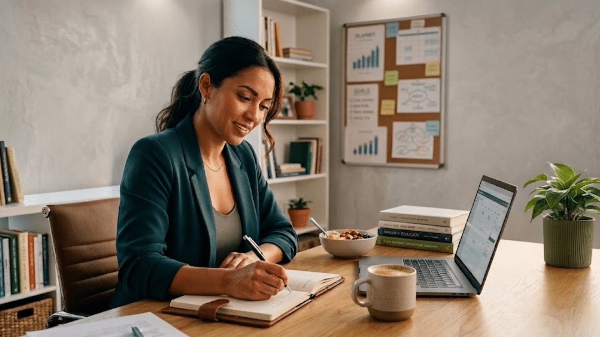 woman planning goals in a notebook beside a laptop and coffee showcasing productive habits of successful people