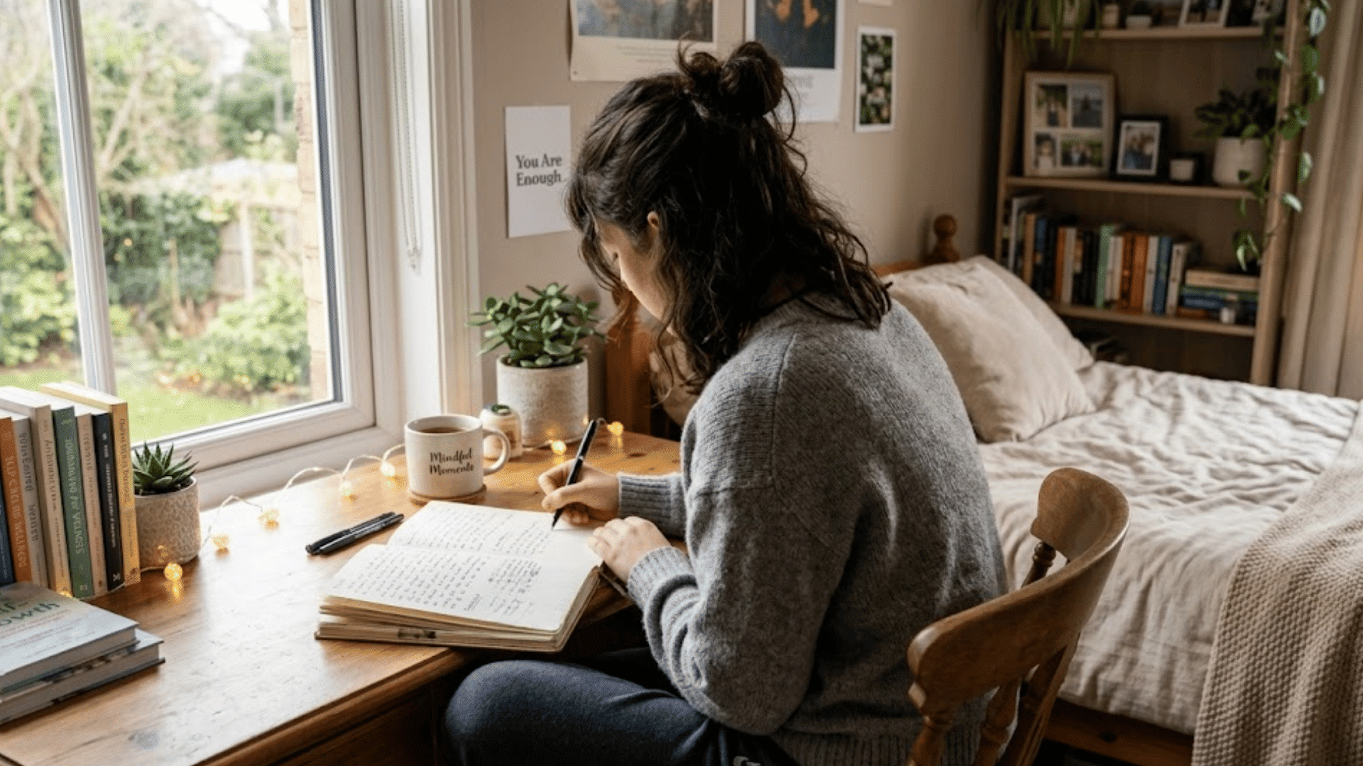 woman sitting at a desk by a bedroom window writing in a journal beside books plants and a warm cup of coffee