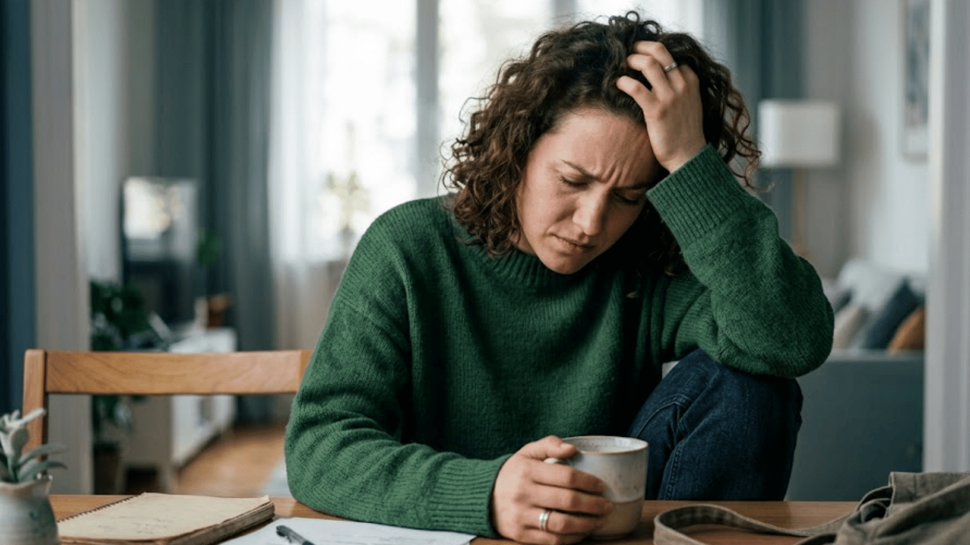 woman sitting at a table holding a mug and resting her head in her hand while looking worried in a home setting