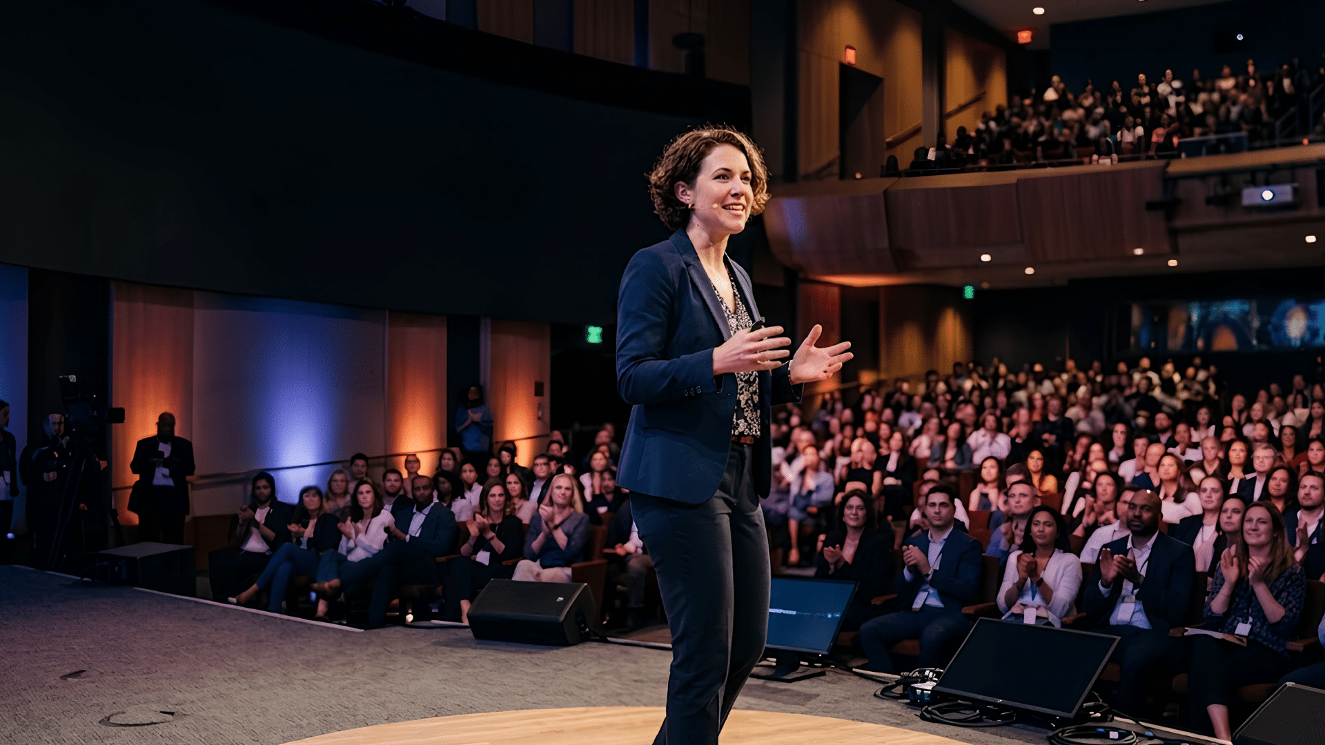 woman speaking on stage in a large auditorium while a seated audience watches and applauds during a conference