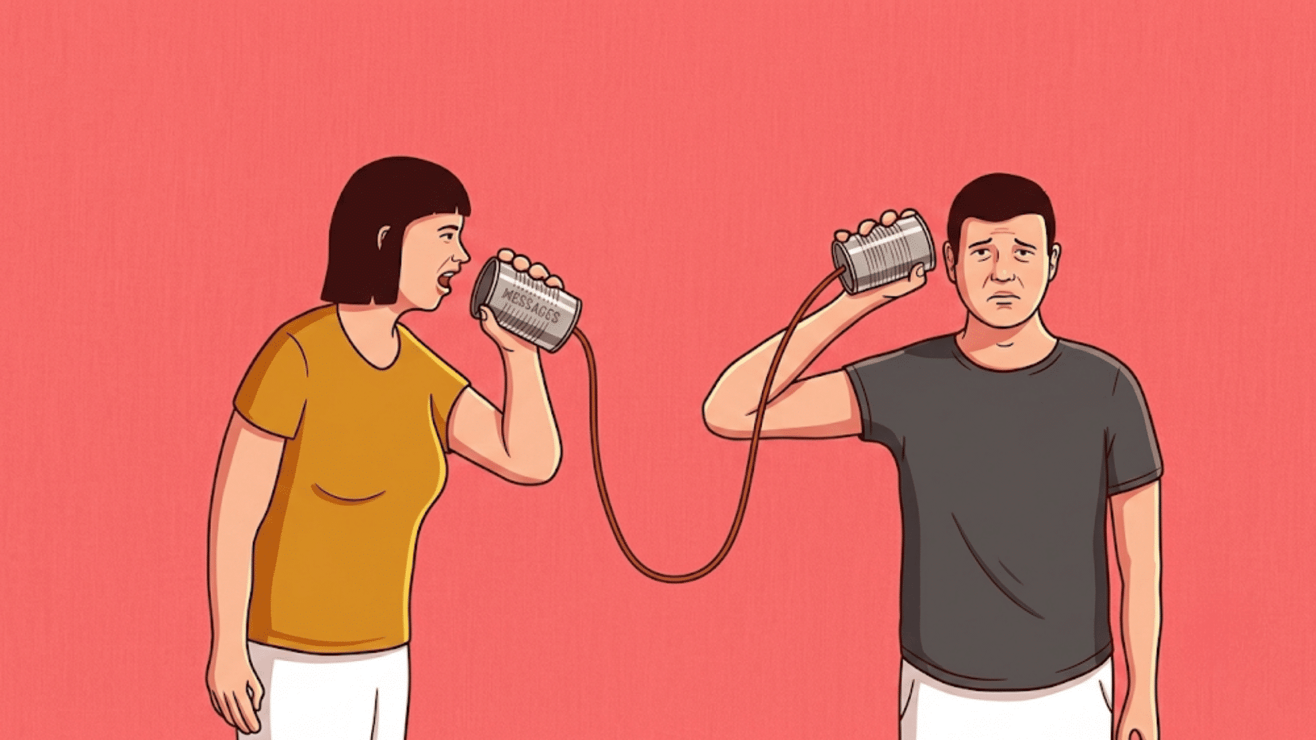 woman speaking through a tin can phone while man listens with a worried expression