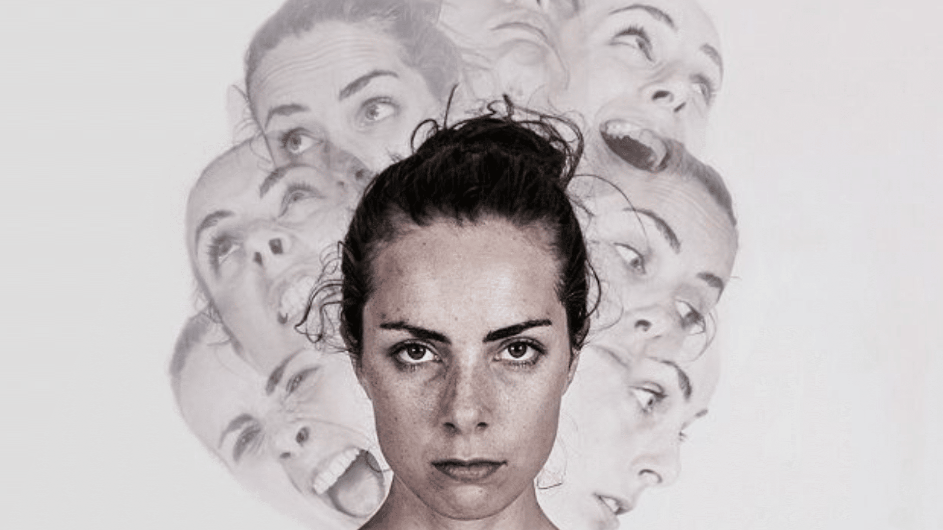woman with multiple facial expressions illustrating changing moods emotions and mental health symptom experiences