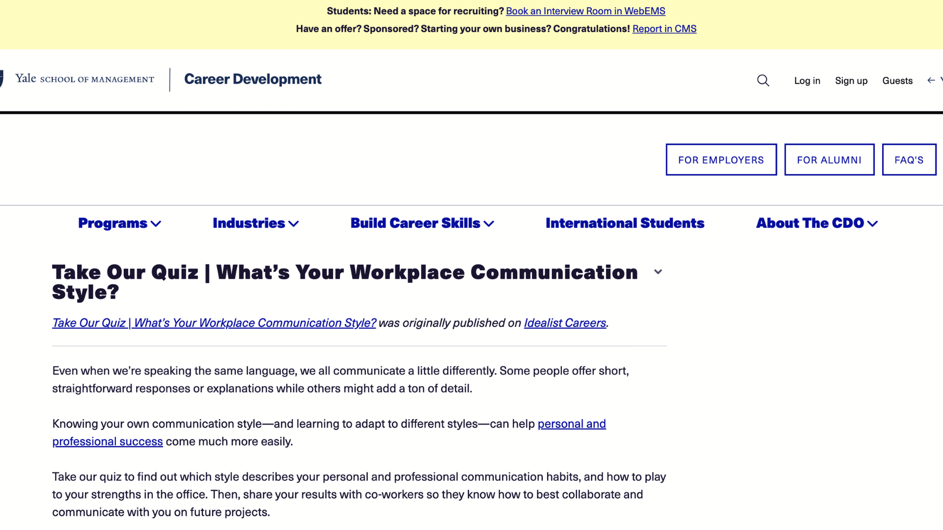 yale school of management webpage featuring a workplace communication style quiz with career development resources