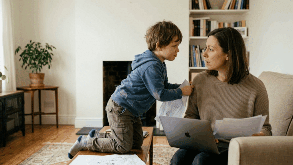 young boy handing a drawing to his mother while she works on a laptop at home and pauses to give him her attention