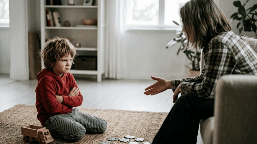 young child sitting on a rug with folded arms looking upset while an adult reaches out during a calm conversation at home