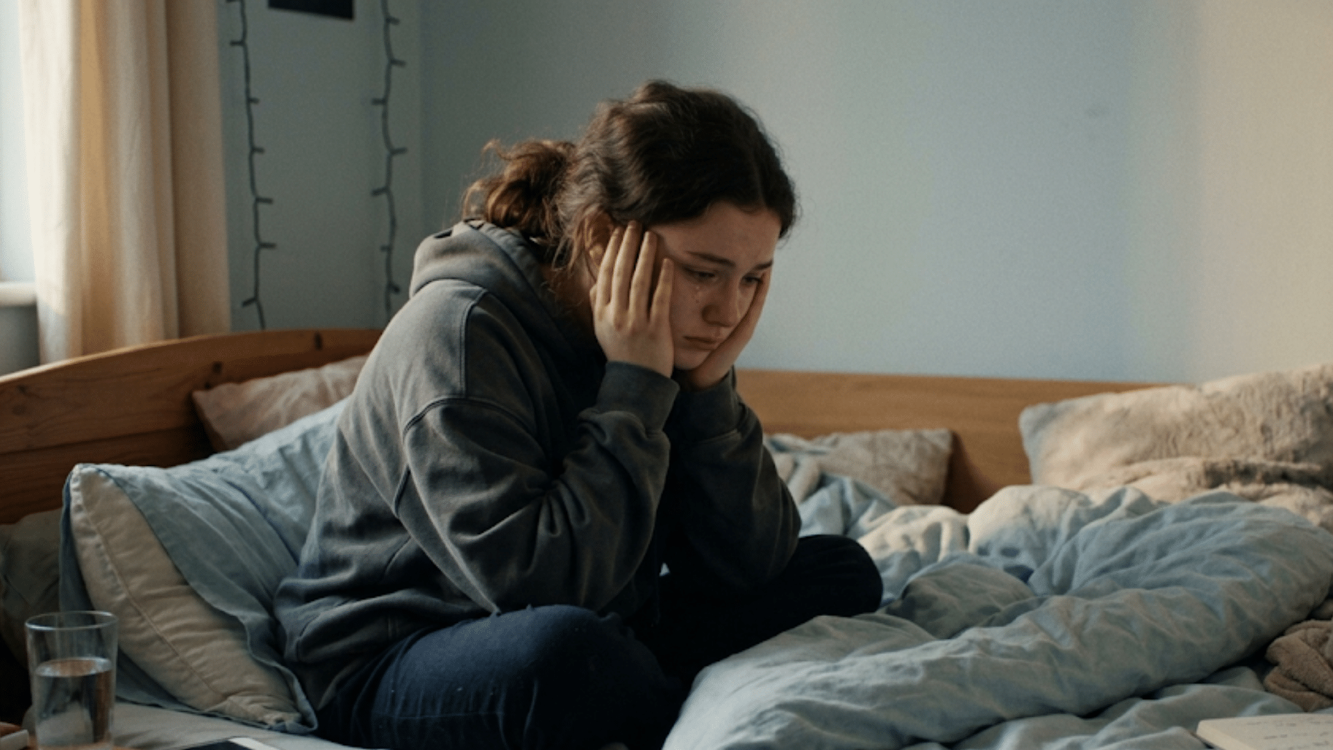 young person sitting on an unmade bed with hands on face looking worried in a quiet bedroom setting