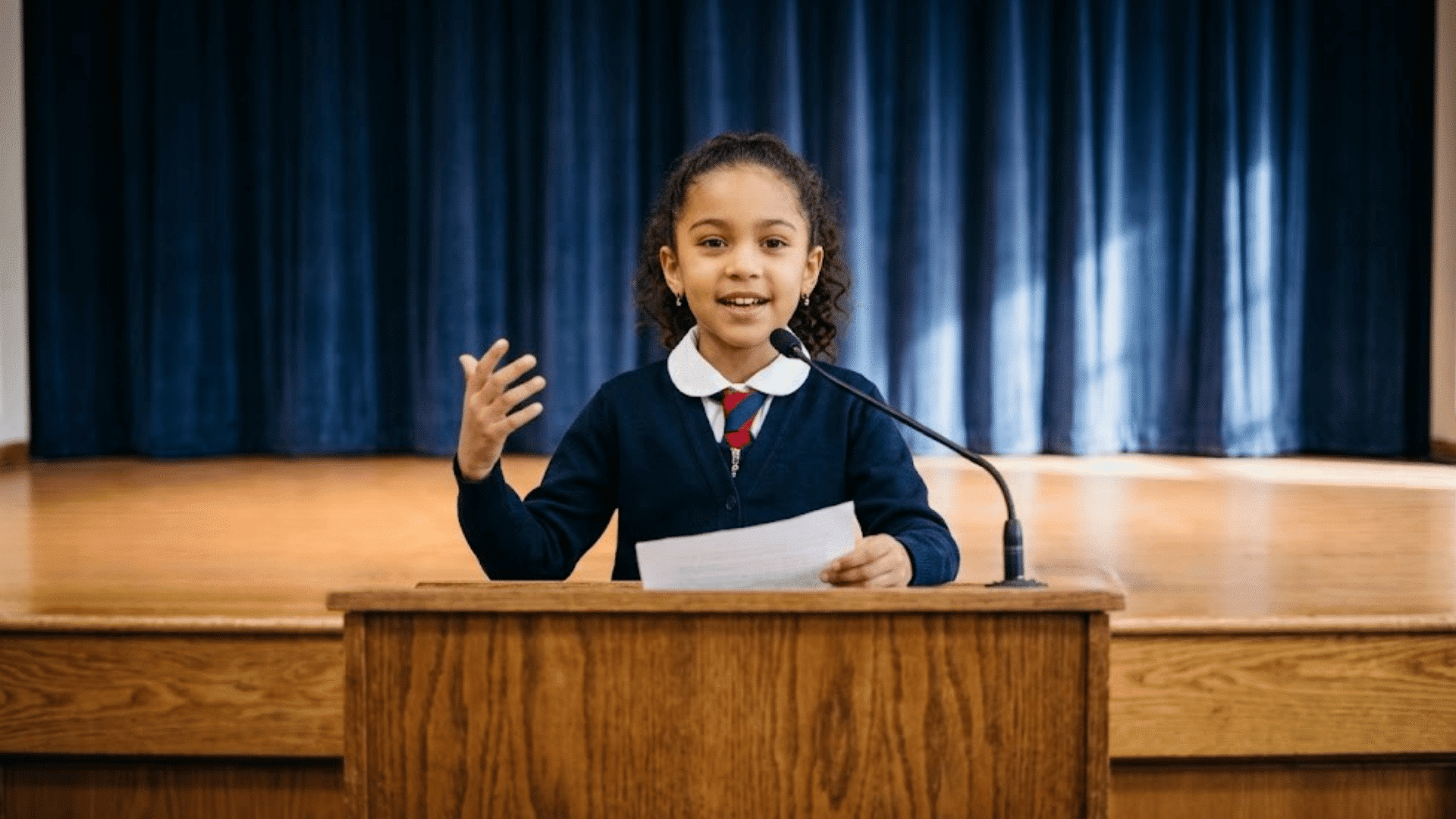 young schoolgirl standing at a podium giving a speech with a microphone while holding notes on a stage in a school auditorium