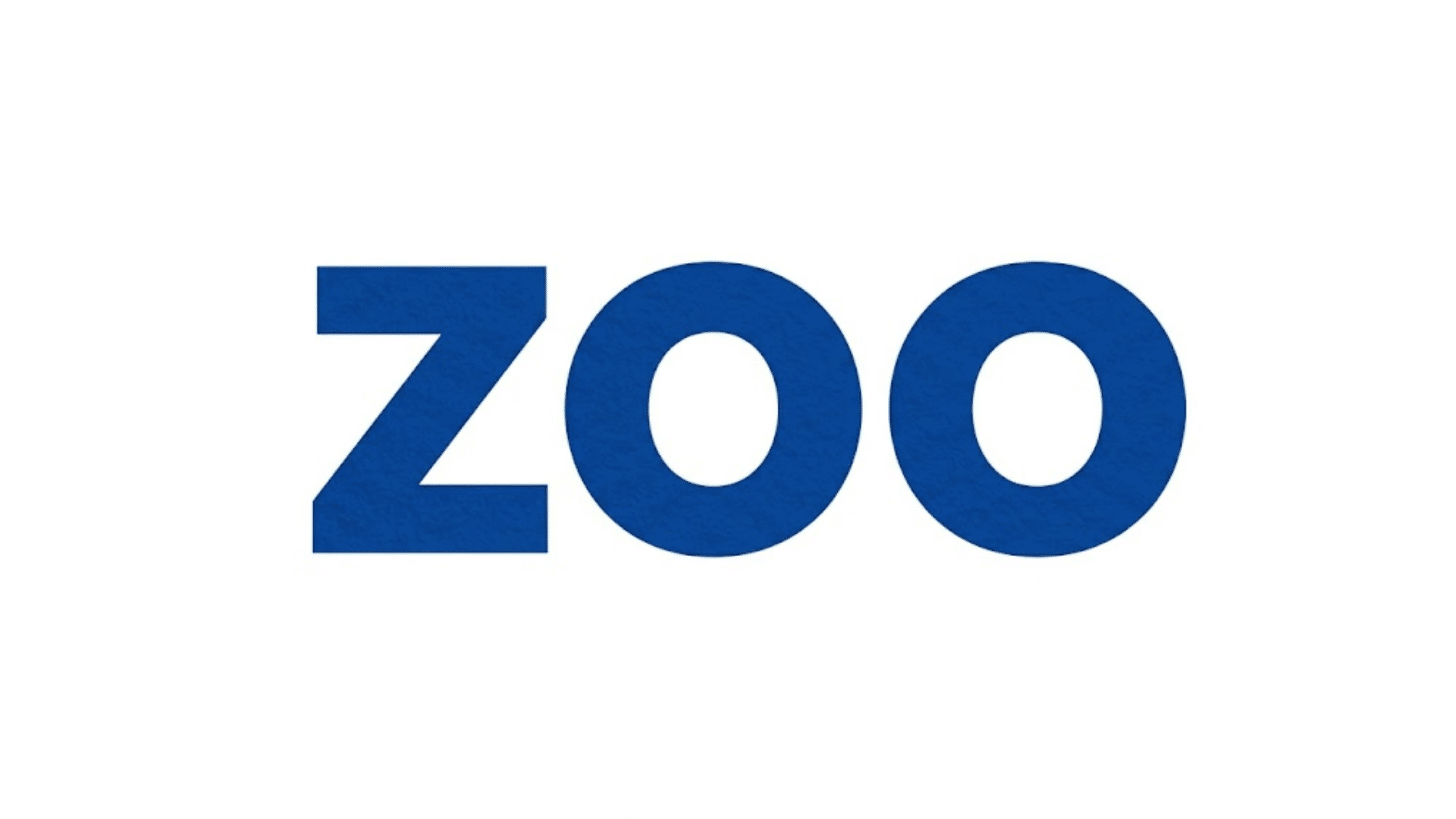 zoo logo in bold blue letters centered on a solid plain white background in a wide widescreen sixteen by nine format