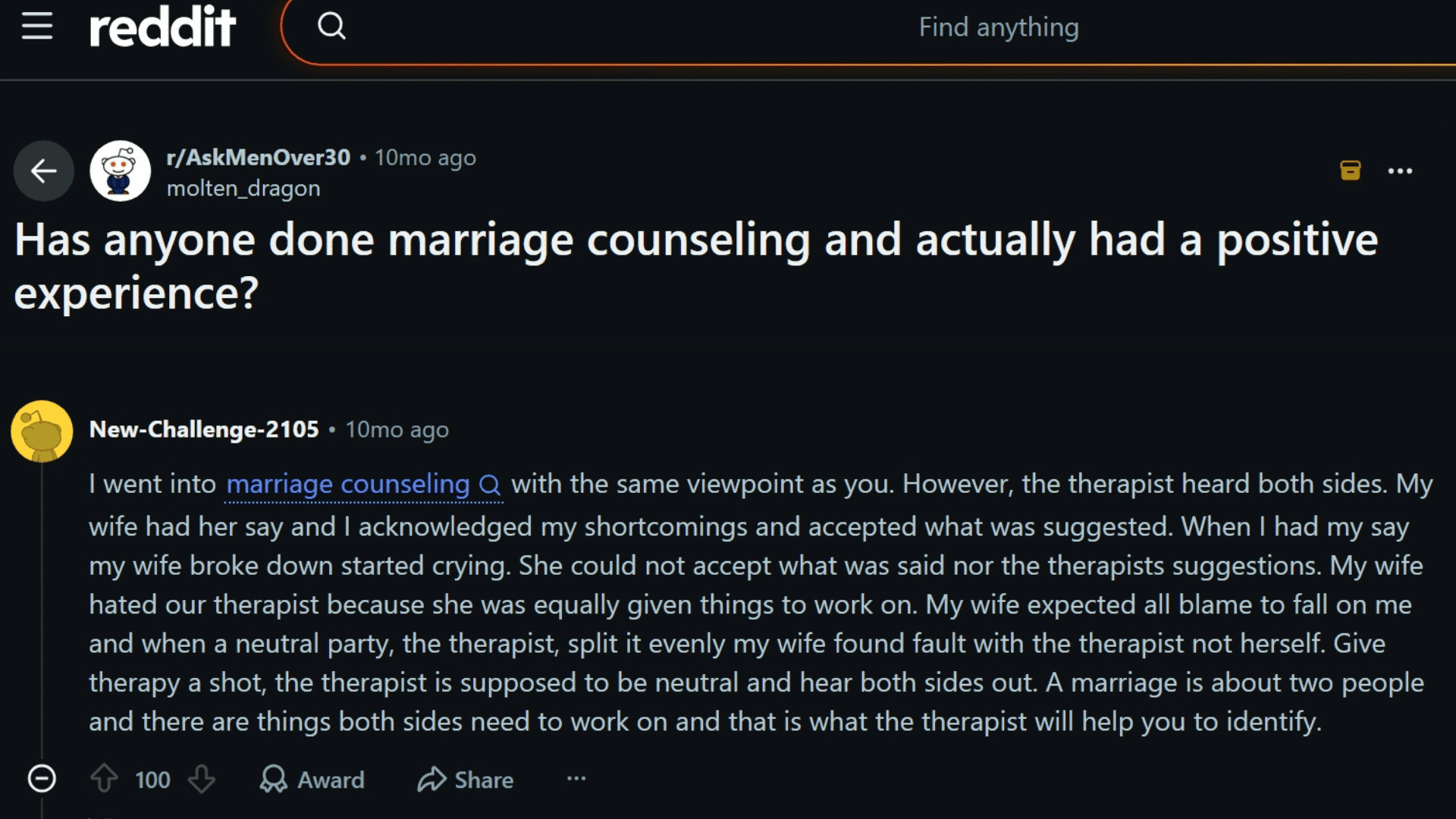Reddit post where a user shares a positive marriage counseling experience and therapy outcome.
