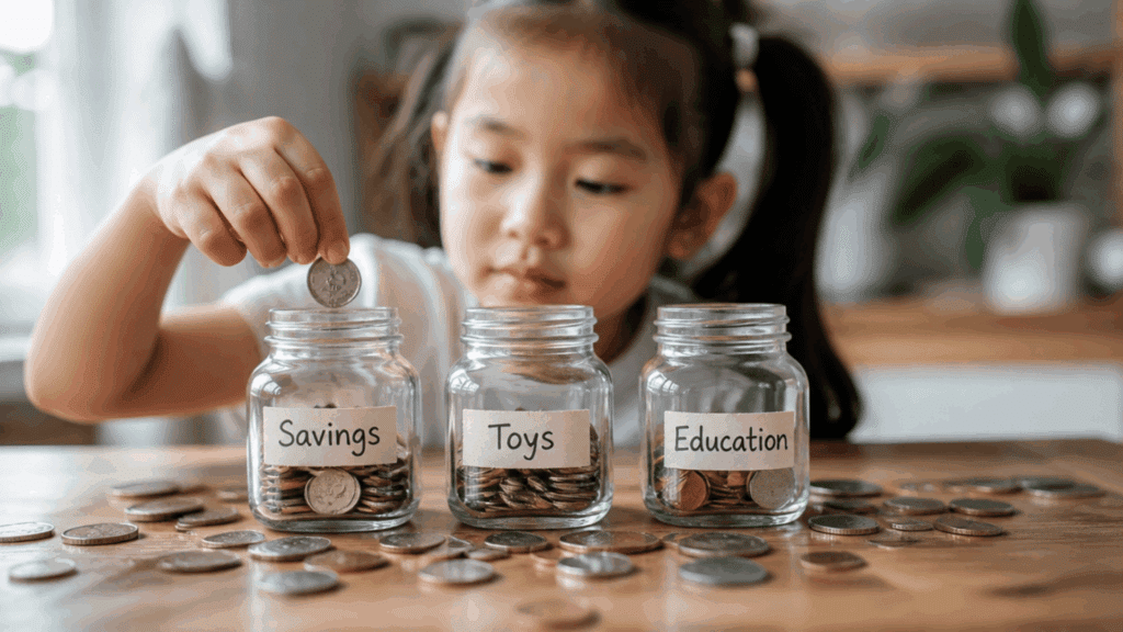 a child putting coins into labeled jars for savings toys and education at a table