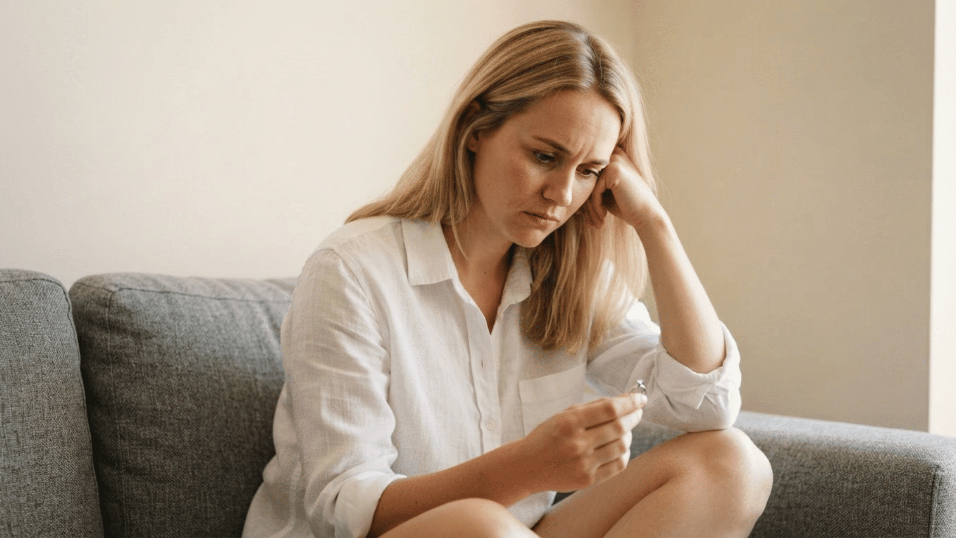 a woman sitting on a sofa holding a ring and looking down with a worried expression reflecting relationship uncertainty
