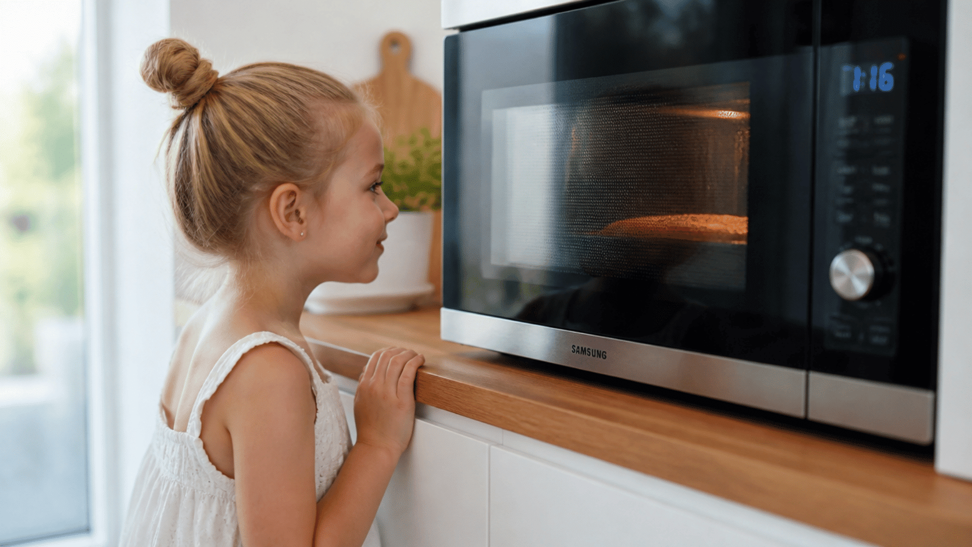 a young girl watching food cook inside a microwave in a bright kitchen at home with wooden counters