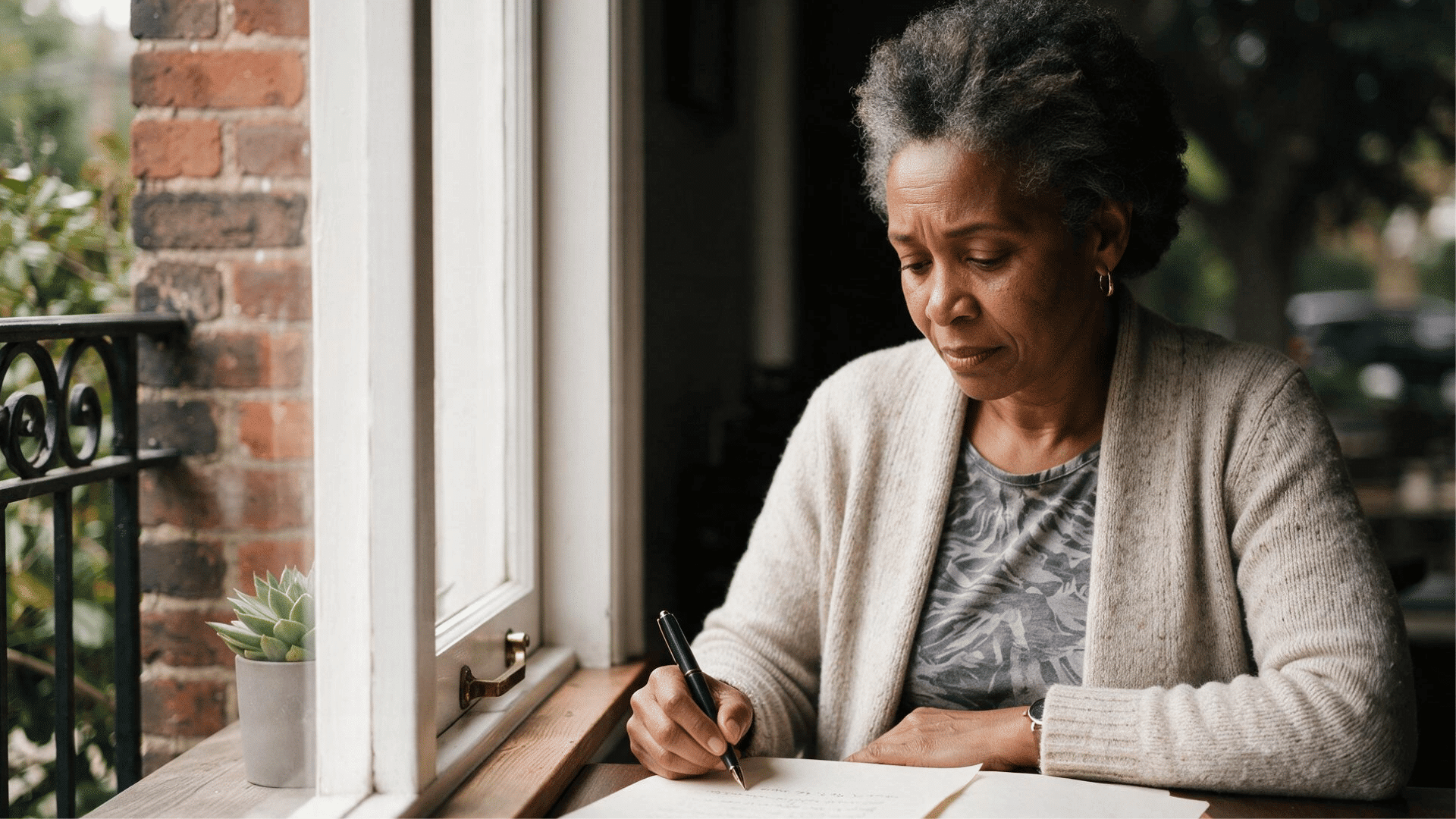 an older woman sitting by a window writing on paper with a thoughtful expression in a quiet and reflective moment