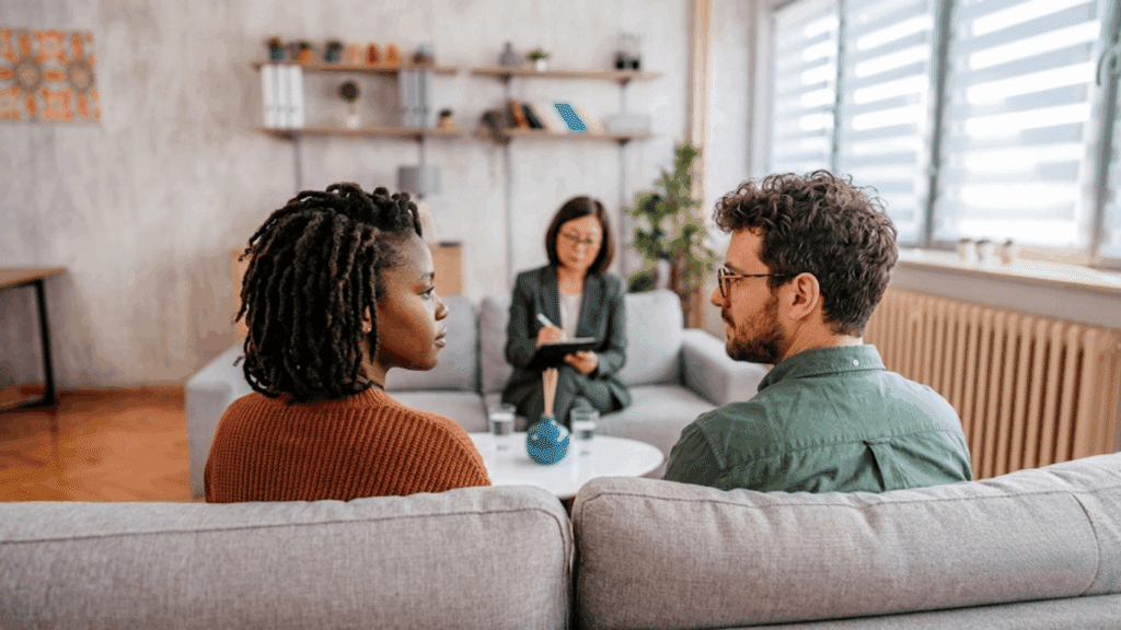 couple attending marriage counseling session with therapist discussing relationship challenges in a comfortable office setting