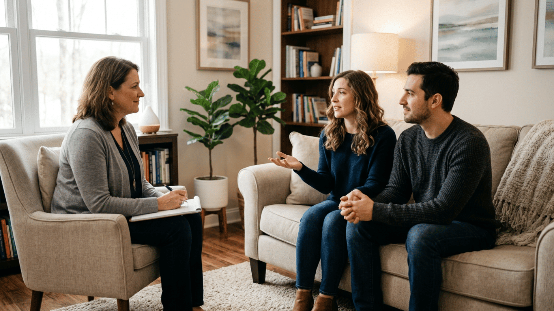 couple talking with a marriage counselor during a supportive therapy session