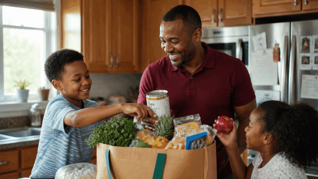 father and children unpacking groceries together in a kitchen with fresh food items on the counter