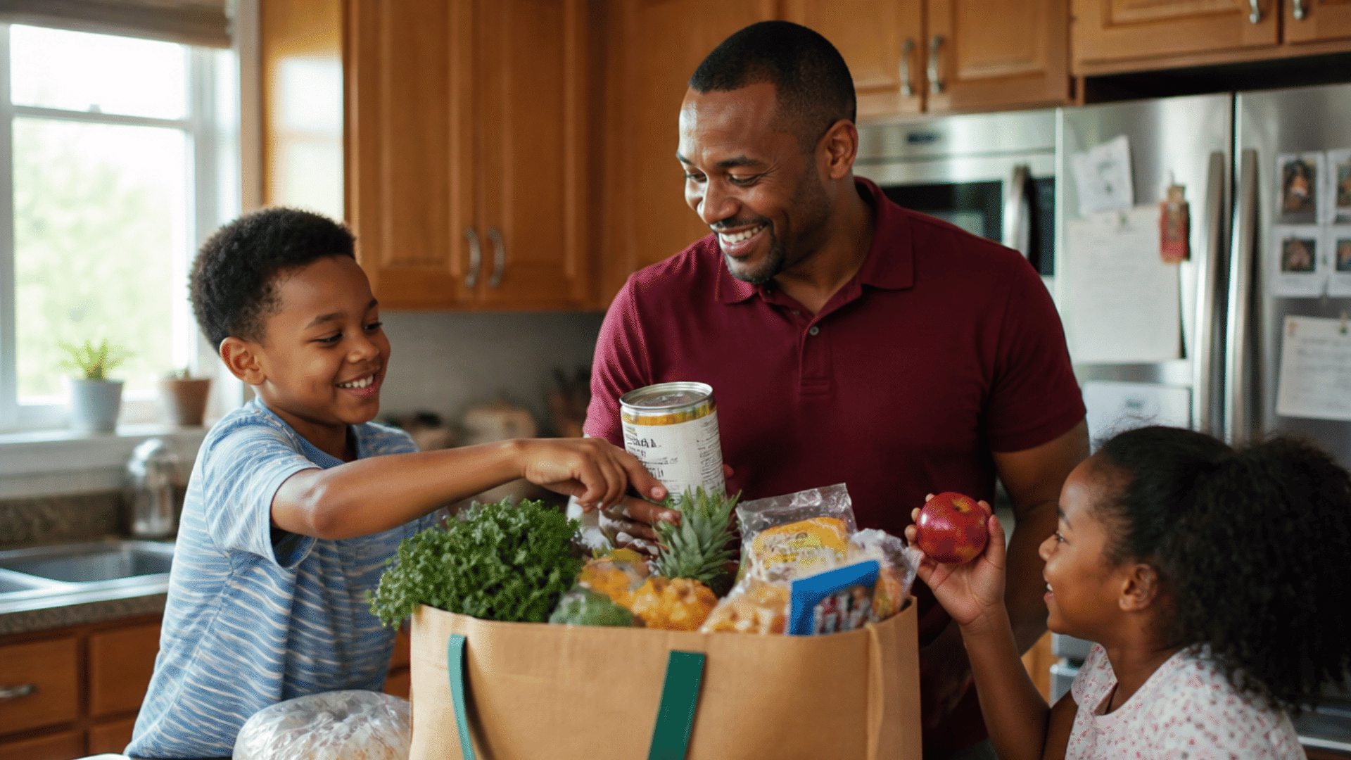 father and children unpacking groceries together in a kitchen with fresh food items on the counter