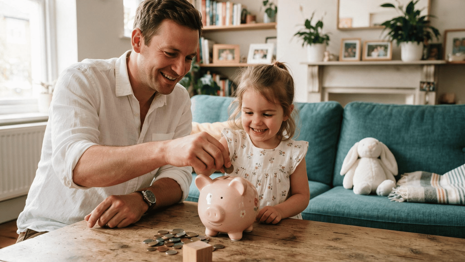 father helping a young child put coins into a piggy bank and teaching daughter how to manage money
