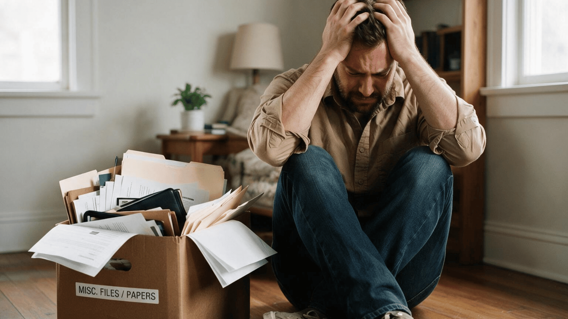 man sitting on the floor holding his head beside a box of paperwork looking stressed in a home office