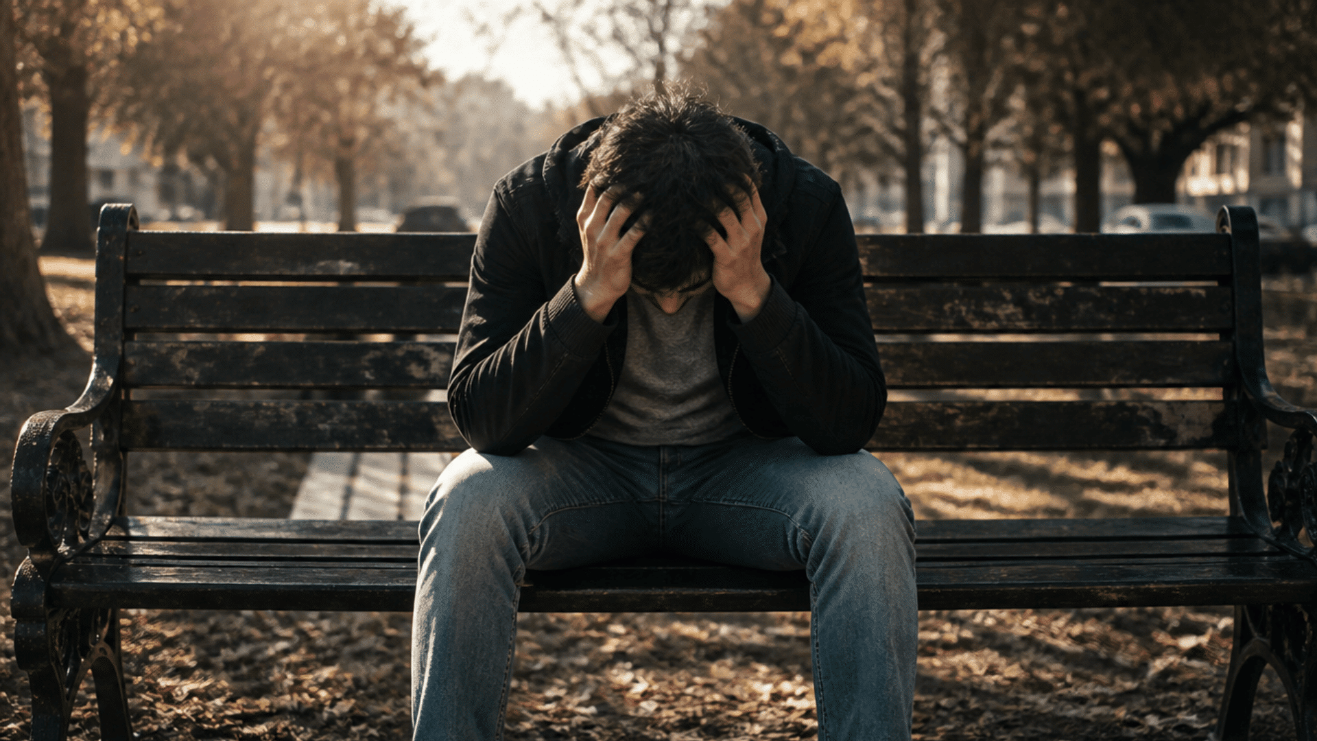 person sitting alone on a park bench holding their head with hands in a quiet outdoor setting