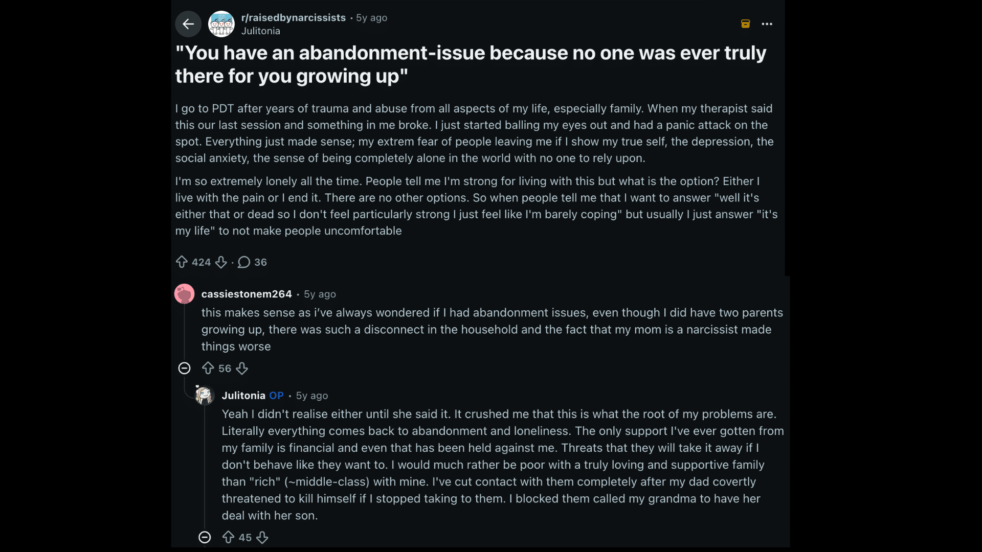 reddit discussion screenshot about abandonment issues trauma and emotional struggles with comments from users sharing experiences