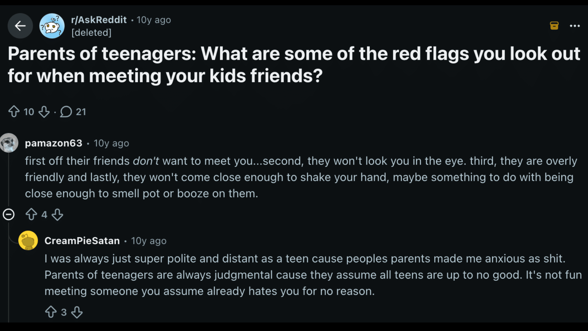 screenshot of a reddit discussion asking parents about red flags they notice when meeting their teenagers friends for the first time